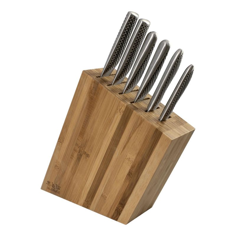 Global Kyoto Bamboo 7-piece knife set featuring stainless steel blades, ergonomic handles, and a stylish bamboo block.