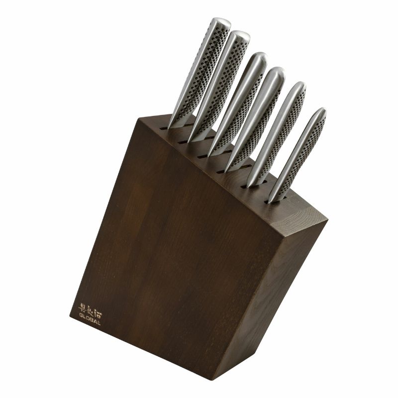 Global Kyoto 7-Piece Knife Block Set featuring premium CROMOVA 18 stainless steel knives and an elegant stained ash block.