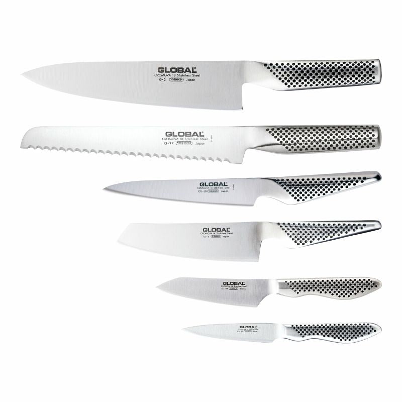 Global Kyoto 7-Piece Knife Block Set with stained ash block and CROMOVA 18 stainless steel blades for precision cutting.