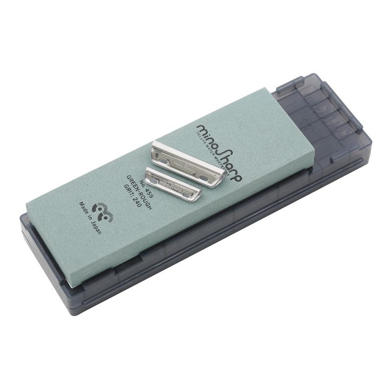 Global Minosharp Deluxe 240 Grit Water Whetstone for professional knife sharpening with non-slip holder and guide rails.