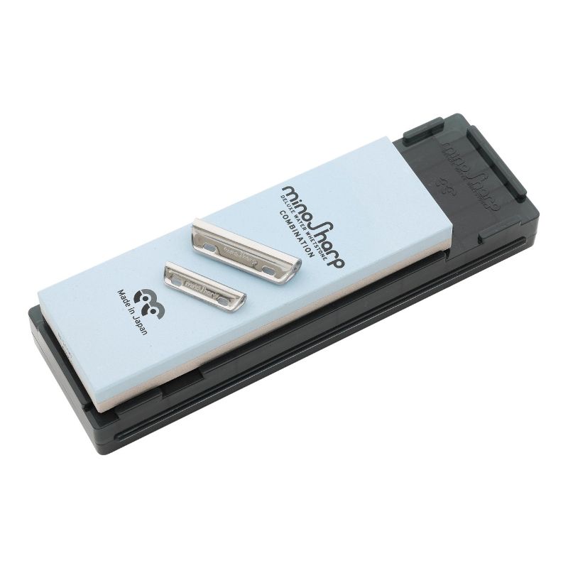 Minosharp Combination Water Whetstone with 1000/220 grit, featuring dual sides for precise knife sharpening and a non-slip holder.