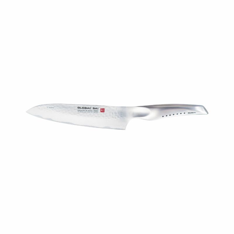 Global Sai 19cm Cook's Knife with ergonomic handle, three-ply stainless steel blade, and hammered finish for optimal slicing.