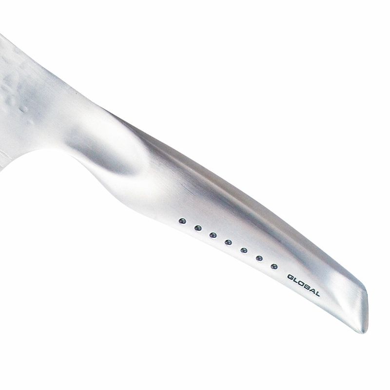 Global Sai 19cm Cook's Knife featuring a three-ply CROMOVA 18 blade, ergonomic handle, and non-stick hammered finish.