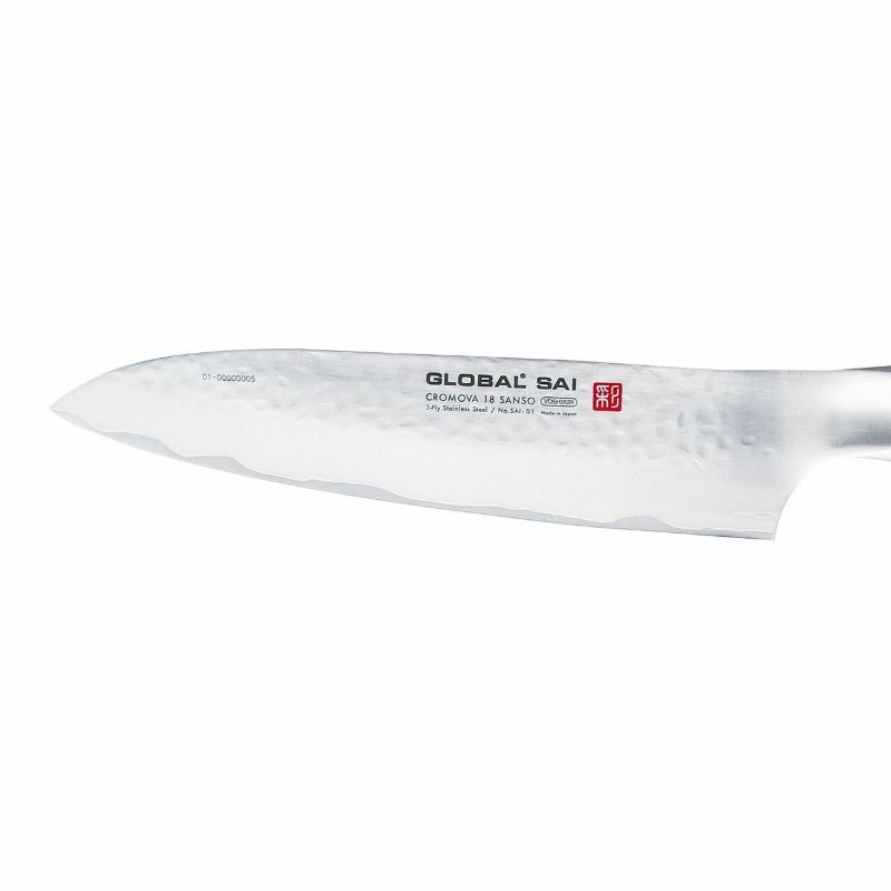 Global Sai 19cm Cook's Knife with ergonomic handle, sharp CROMOVA 18 steel blade, ideal for slicing, dicing, and chopping.
