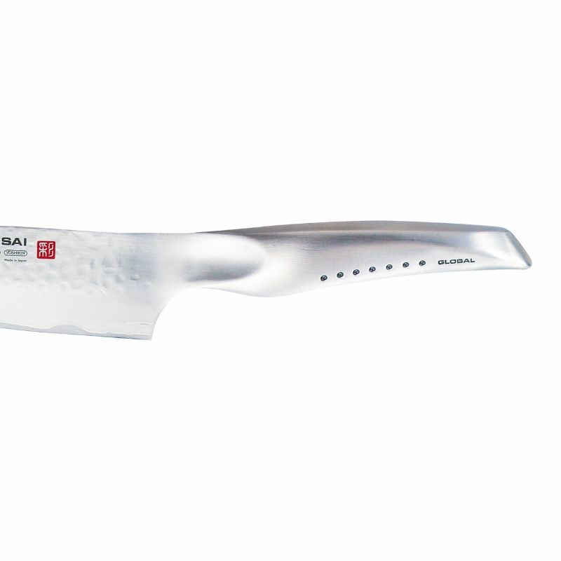 Global Sai 19cm Cook's Knife featuring a three-ply stainless steel blade, ergonomic handle, and hammered finish for precision cutting.