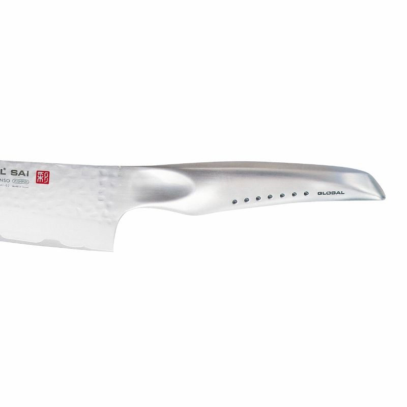 Global Sai Santoku Knife (19cm) with ergonomic handle and durable blade for precision slicing, dicing, and mincing.