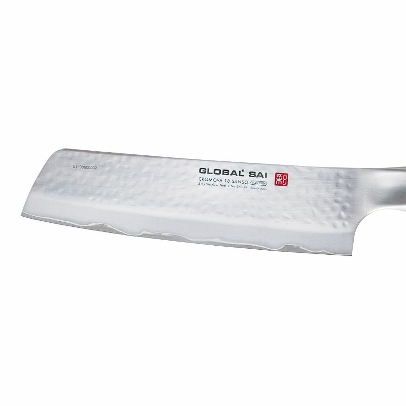 Global Sai 19cm Vegetable Knife with ergonomic handle, three-ply stainless steel blade, perfect for precise vegetable cuts.