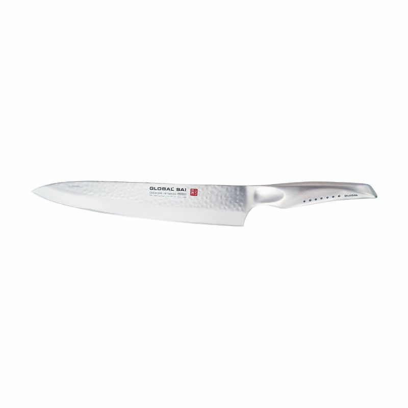 Global Sai 25cm Cooks Knife featuring ergonomic handle, stainless steel blade, and hammered finish for efficient food release.