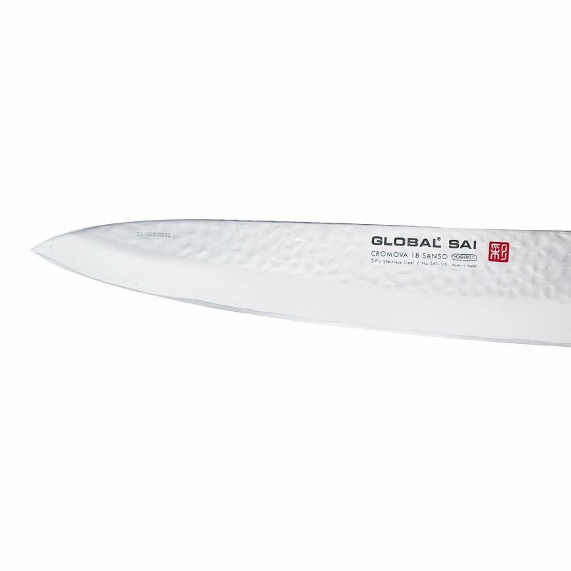 Global Sai 25cm Cooks Knife with ergonomic handle, durable stainless steel blade, and non-stick hammered finish for precision cutting.