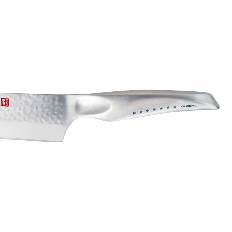 Global Sai 25cm Cook's Knife with ergonomic handle, durable stainless steel, and hammered finish for efficient slicing and dicing.