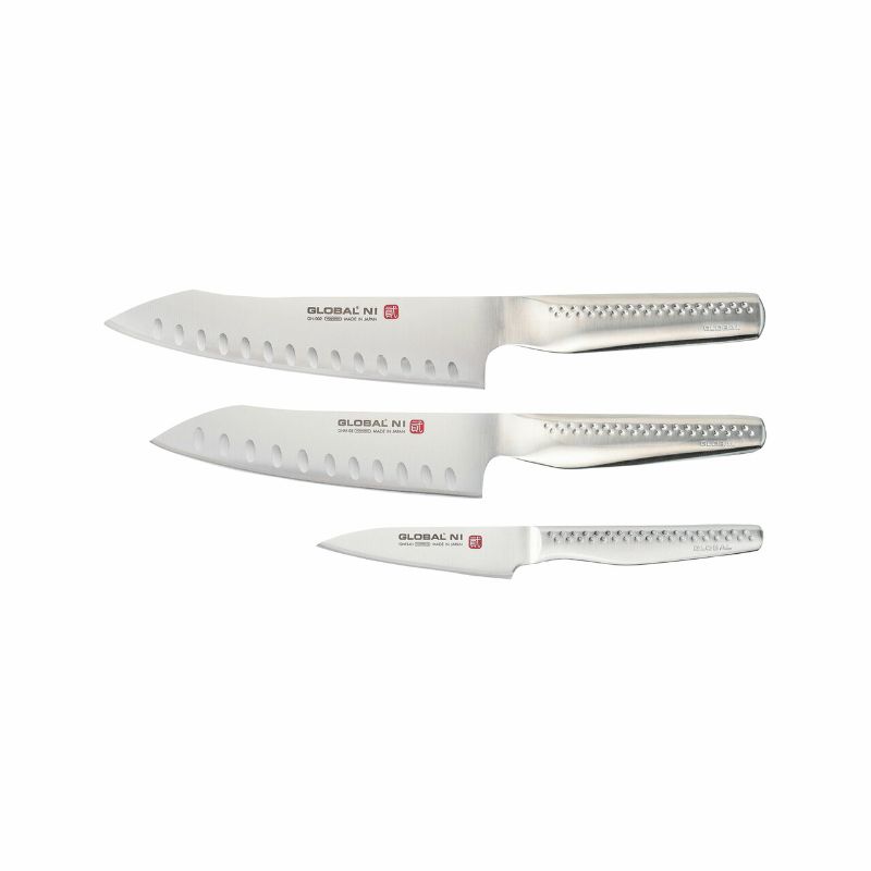Three-piece Global Ni Kitchen Knife Set featuring a cook's, vegetable, and paring knife made from durable CROMOVA 18 stainless steel.