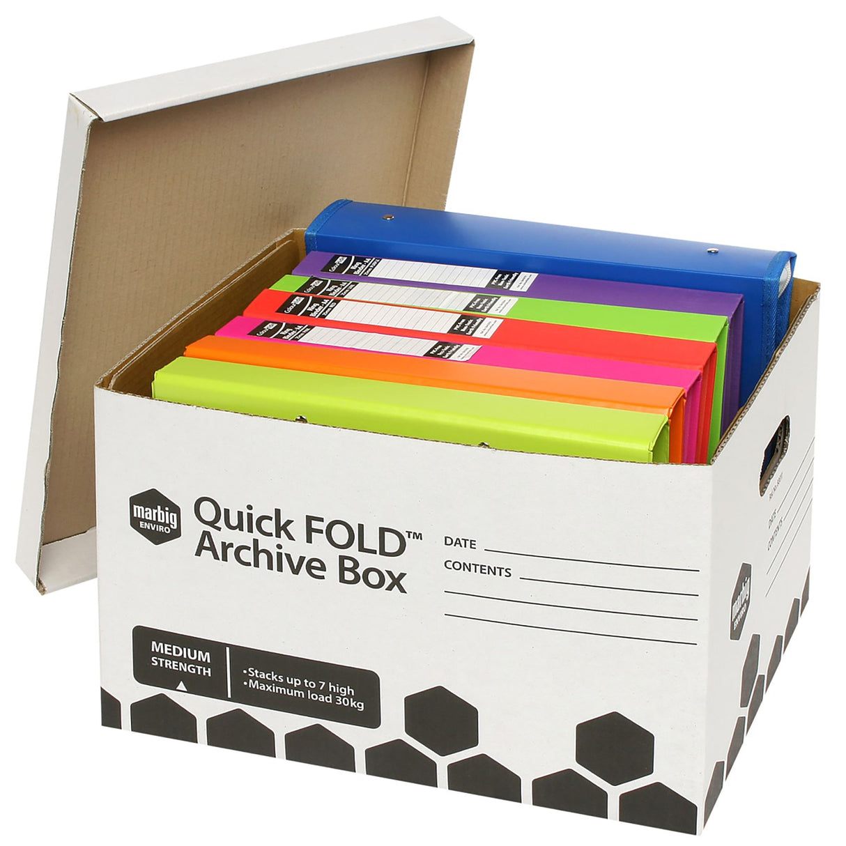 Marbig Archive Box Quickfold with lid, ideal for organizing documents; fast assembly, holds up to 30kg, supports up to 7 boxes.