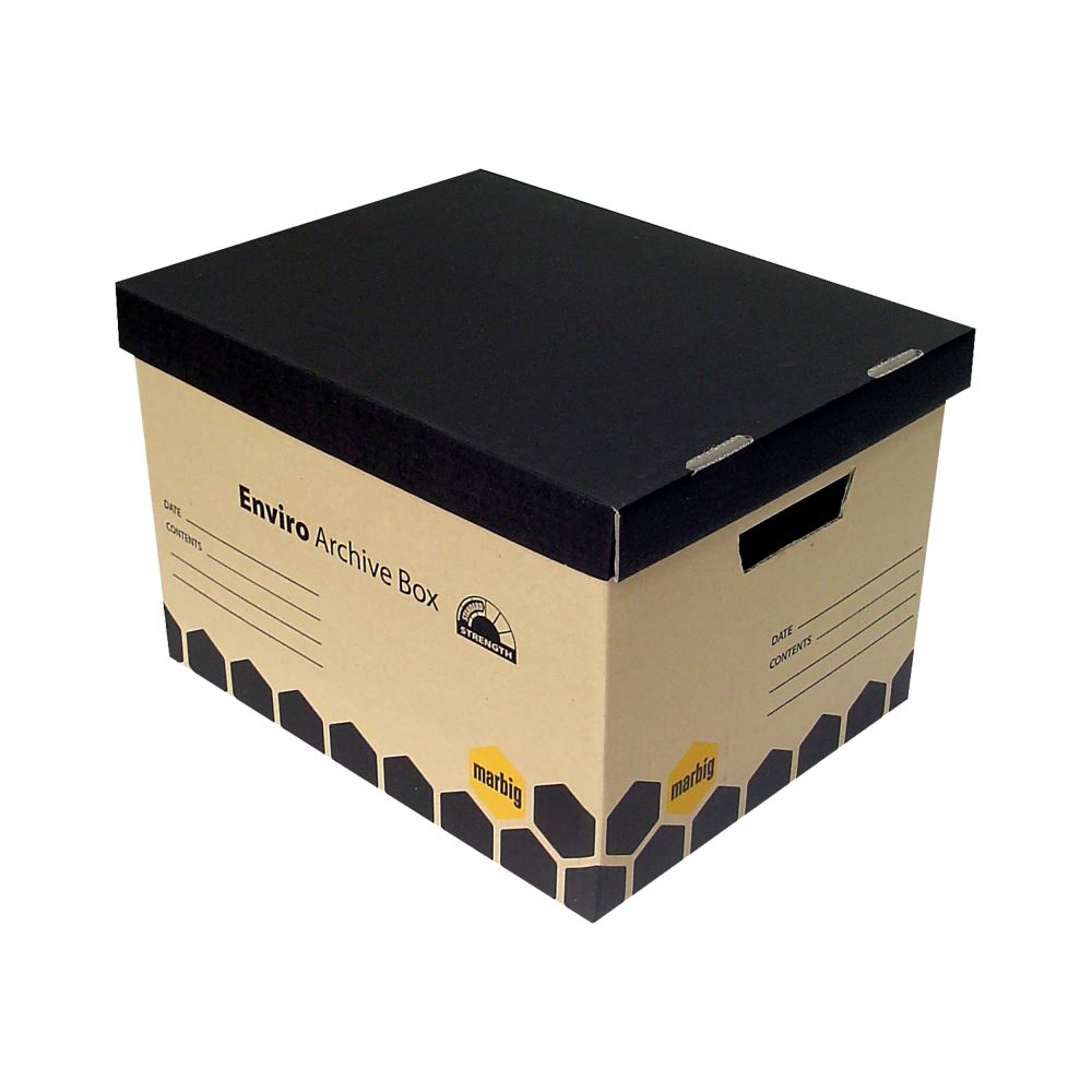 Marbig Archive Box with double layer base, designed for organizing files; made from 100% recycled board, stackable up to 7 high.