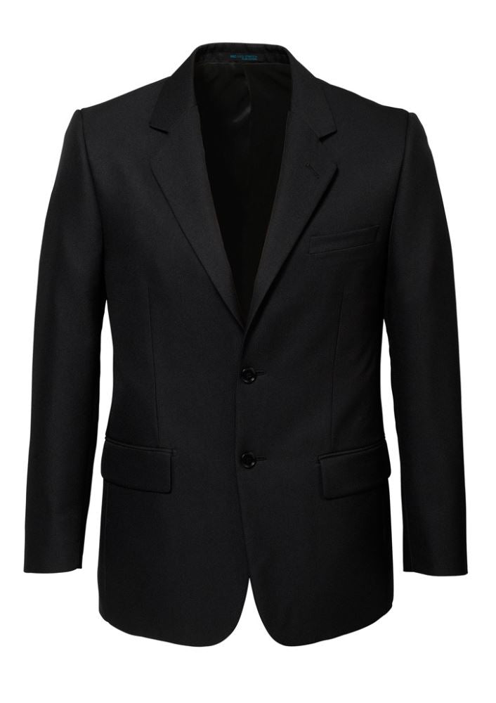Men's black 2-button jacket with underarm comfort pads, three internal pockets, and elegant silver piping trim.