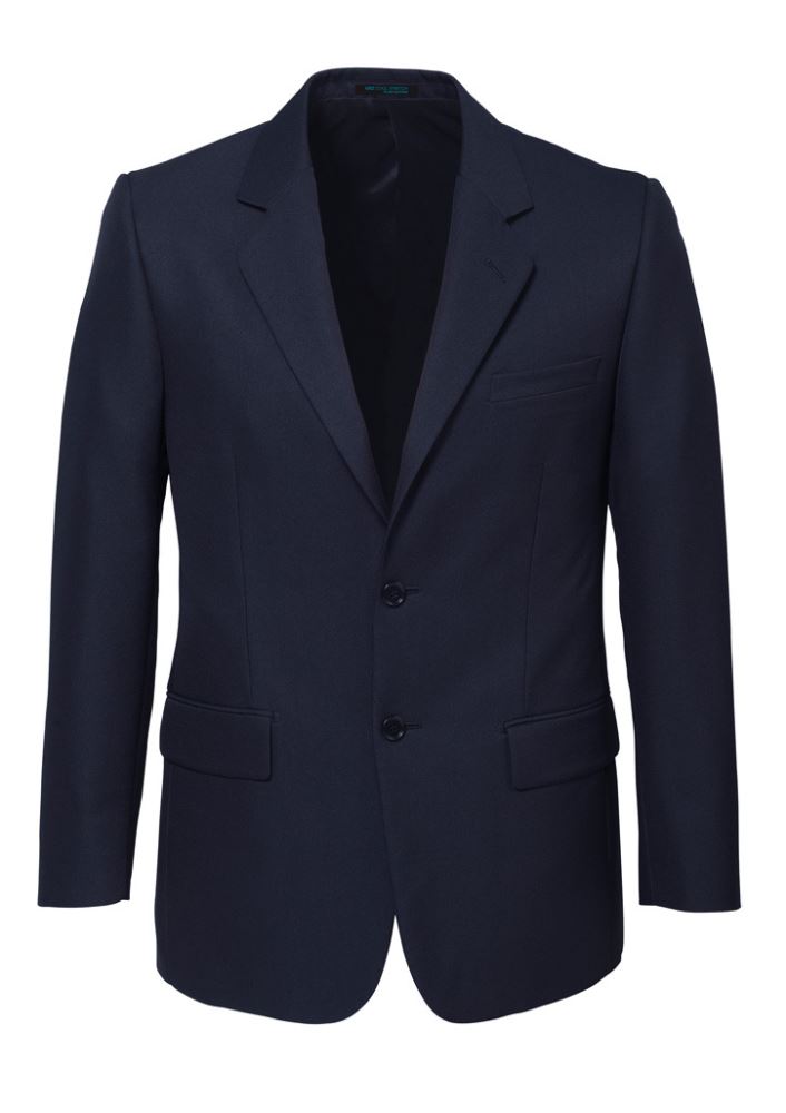 Men's navy 2 button jacket by Biz Collection, featuring underarm pads, three pockets, silver piping, and double-vented rear.