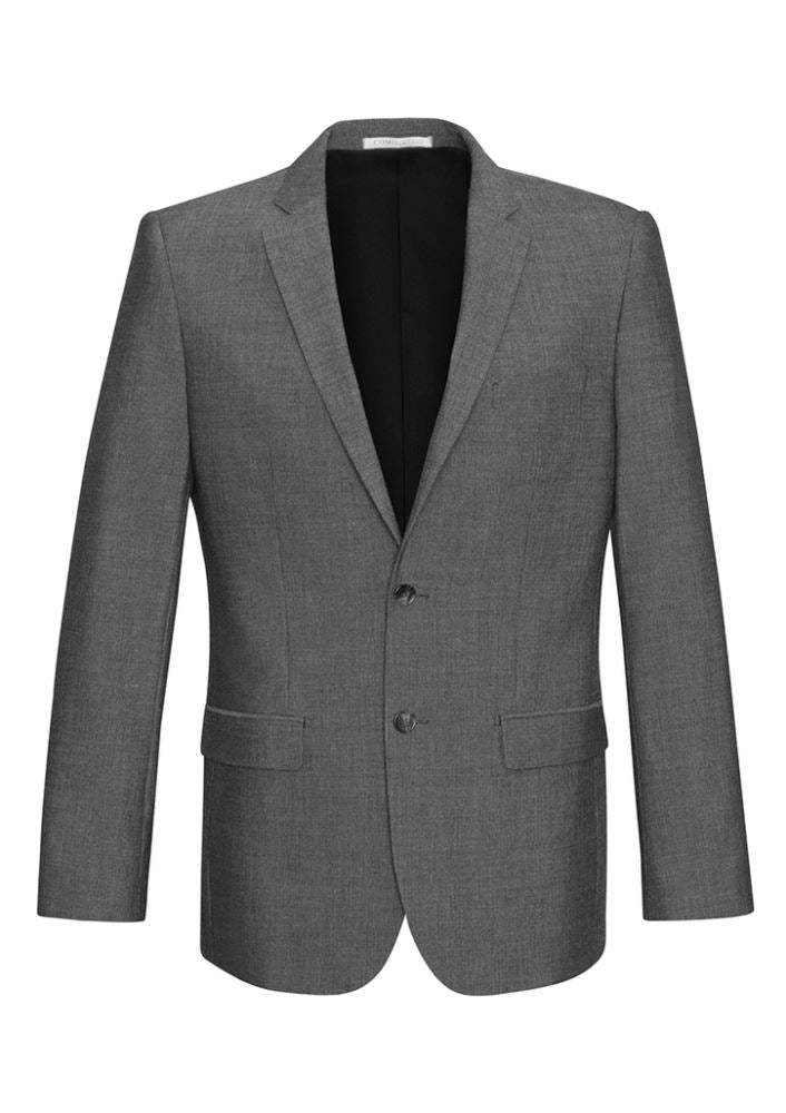 Men's slim-fit grey jacket with narrow lapel and double rear vents, perfect for formal and casual occasions.