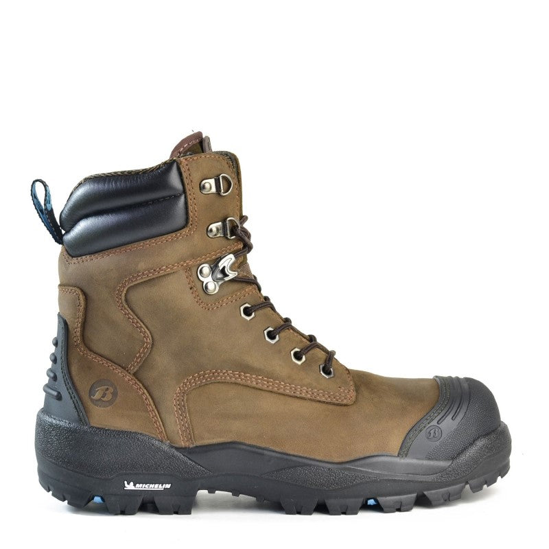 Bata Longreach Safety Boot in brown leather, size 10, featuring steel toecap, external scuff cap, and shock-absorbing technology.