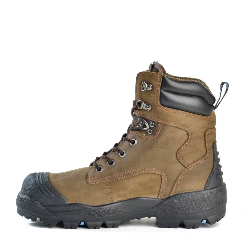 Brown leather safety boot with external scuff cap, steel toecap for impact protection, size 11, ideal for rugged work environments.