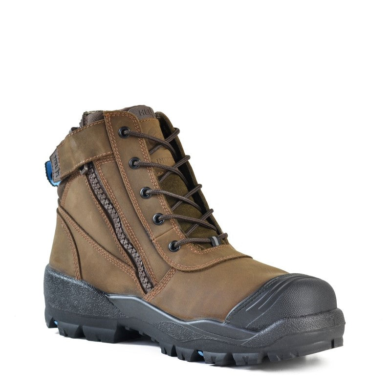 Bata Horizon SC Brown Leather Safety Boot (Size 8) with steel toecap, D30 impact protection, and secure zip+lace fastening.