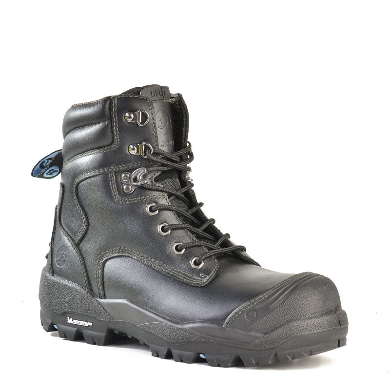Safety Boot Bata Longreach in black leather, featuring a steel toecap, external scuff cap, and dual density shock-absorbing sole.