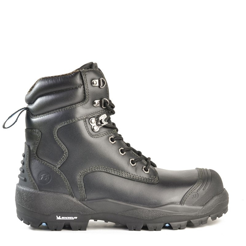 Bata Longreach Black Leather Safety Boot with external scuff cap and steel toecap for ultimate protection, size 8.