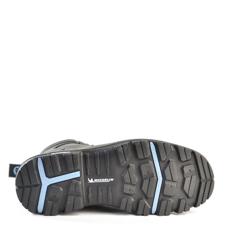 Bata Longreach safety boot in black leather, size 14, featuring steel toecap and external scuff cap for durability and comfort.