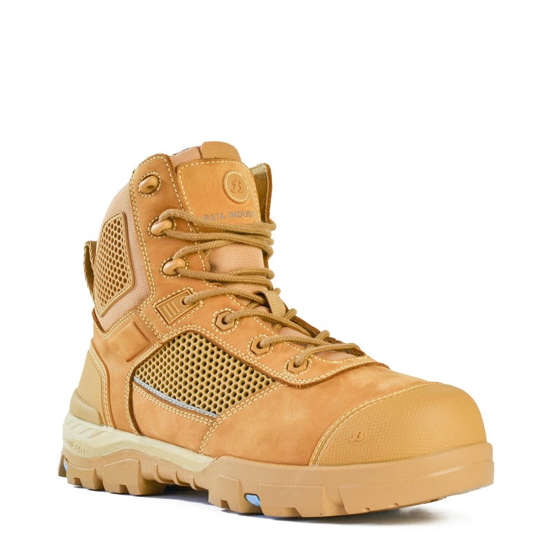 Bata Avenger Wheat safety boots, size 11, featuring carbon fiber toe protection, D30 ankle support, and advanced cushioning.
