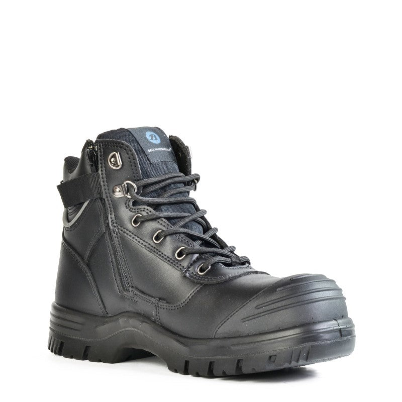 Black safety shoes with steel toecap, zip-sided design, and slip-resistant sole for maximum protection and comfort, size 14.