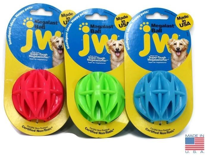 Durable JW Megalast Ball for dogs, medium size, bouncy, buoyant, vanilla-scented, eco-friendly, available in random color.