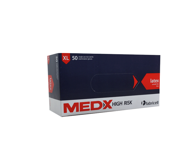 Premium blue latex high risk gloves (XL) in a pack of 50, designed for durability and chemical protection, ideal for sensitive skin.