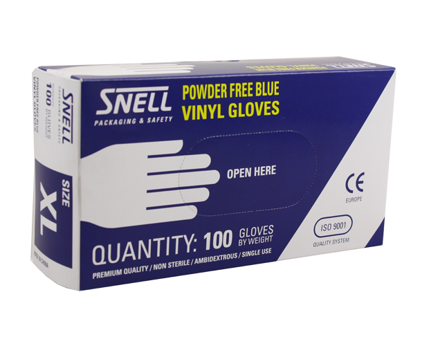 Blue disposable vinyl gloves (small) in 100-pack, powder-free, durable, comfortable, ambidextrous with a beaded cuff.
