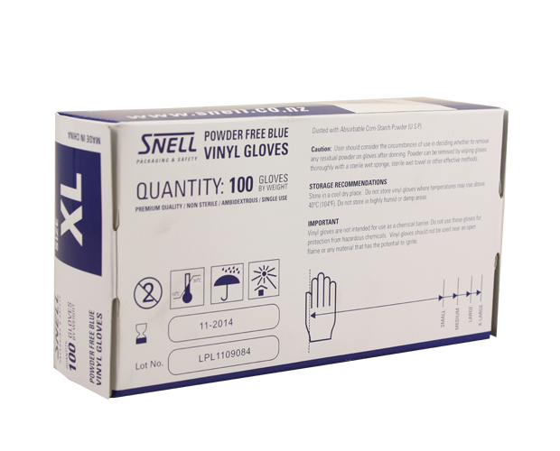 Blue powder-free vinyl gloves (small) in 100-pack, offering durability, comfort, and excellent grip for various tasks.
