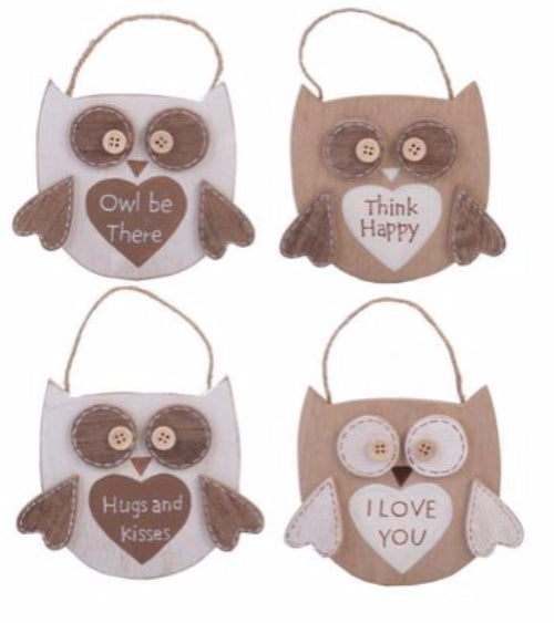 Charming set of 4 wooden owl plaques, each 12cm, perfect for adding whimsy to your home decor.