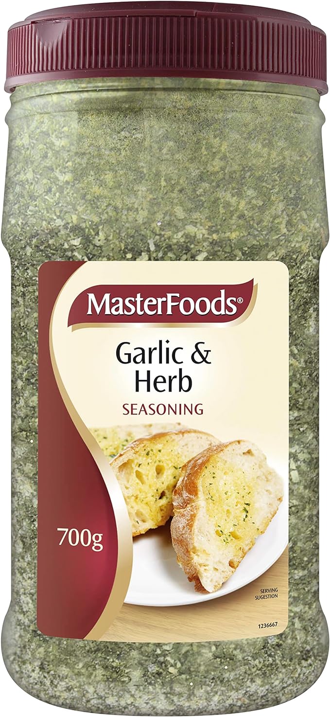 MasterFoods 700g Garlic & Herb seasoning jar, featuring a blend of aromatic garlic and fragrant herbs for enhanced flavors.