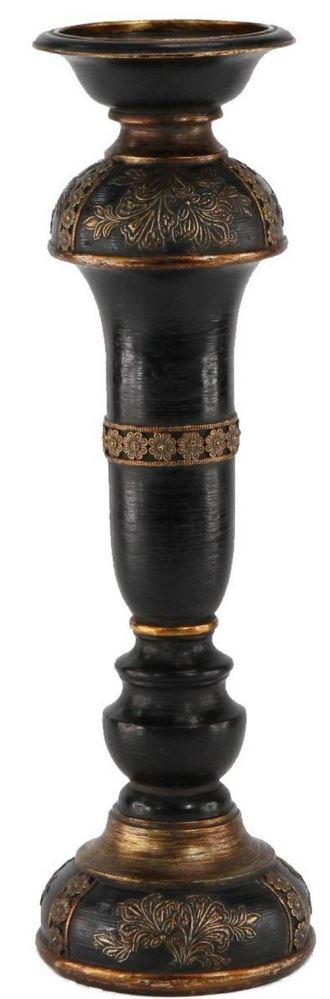 Elegant antiqued black and gold candle holder with intricate detailing, perfect for enhancing any home decor. Size: 38 x 11.5 cm.