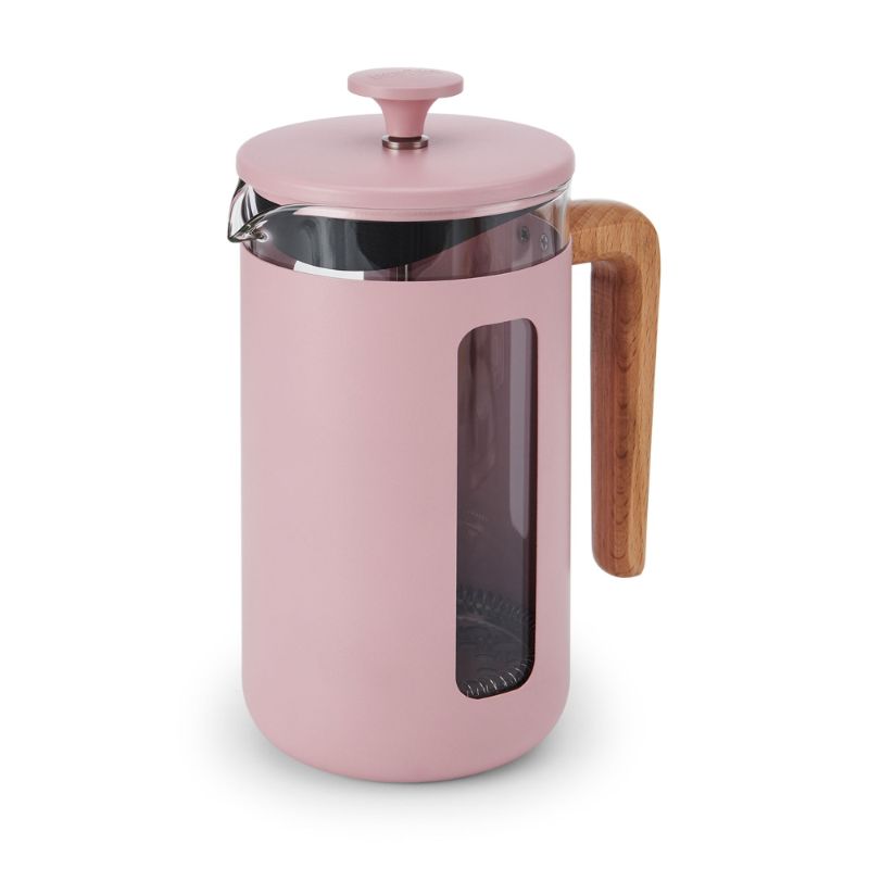 Pink La Cafetiere Pisa 8 Cup Cafetiere, made of borosilicate glass with a stainless steel frame and beechwood handle.