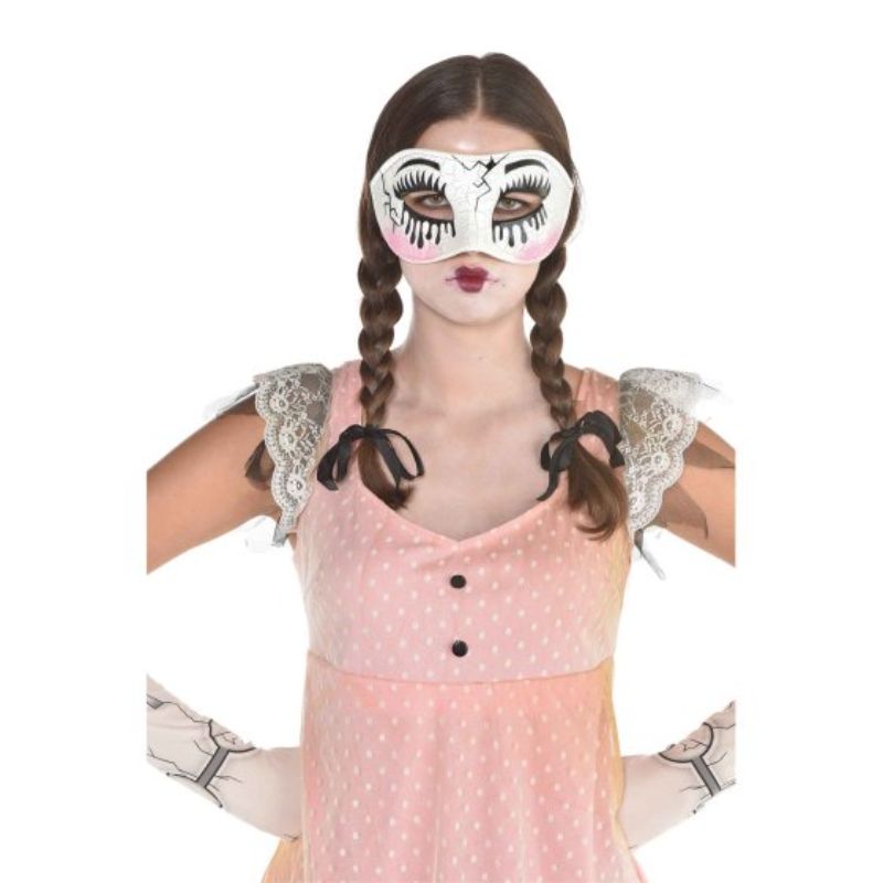 Creepy doll mask with lifelike details and haunting expression, perfect for Halloween costumes and spooky events.