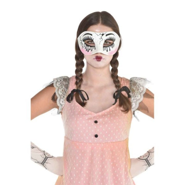 Creepy doll mask with lifelike details and haunting expression, perfect for Halloween costumes and spooky events.