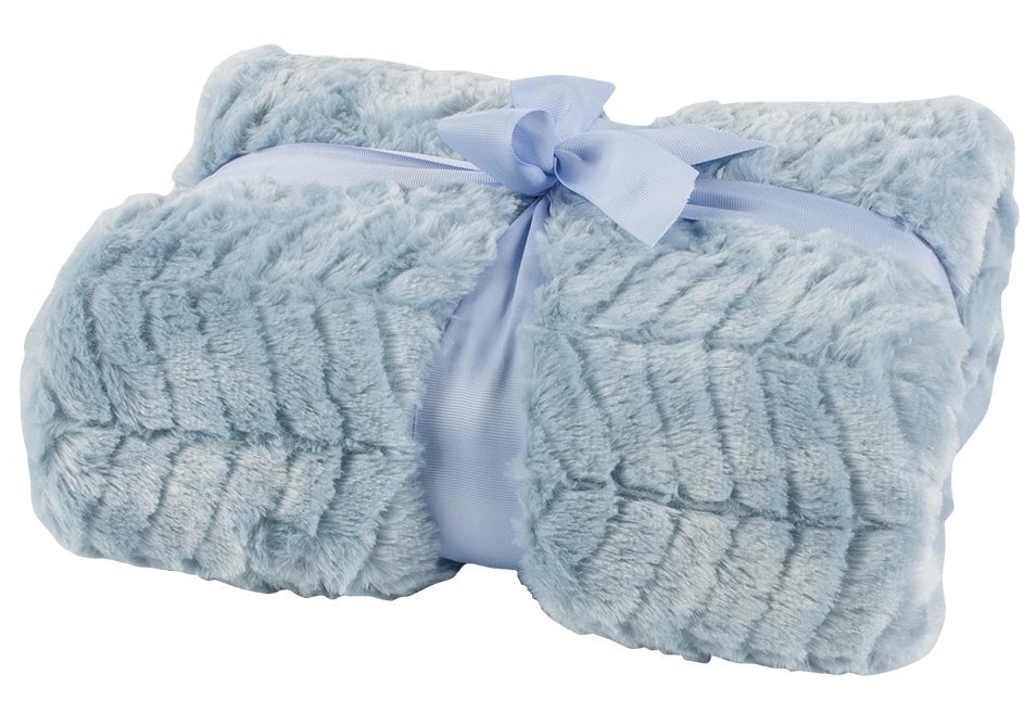Luxurious sky blue Chevron Luxe Throw with soft faux fur front and polar fleece reverse, perfect for cozying up in style.