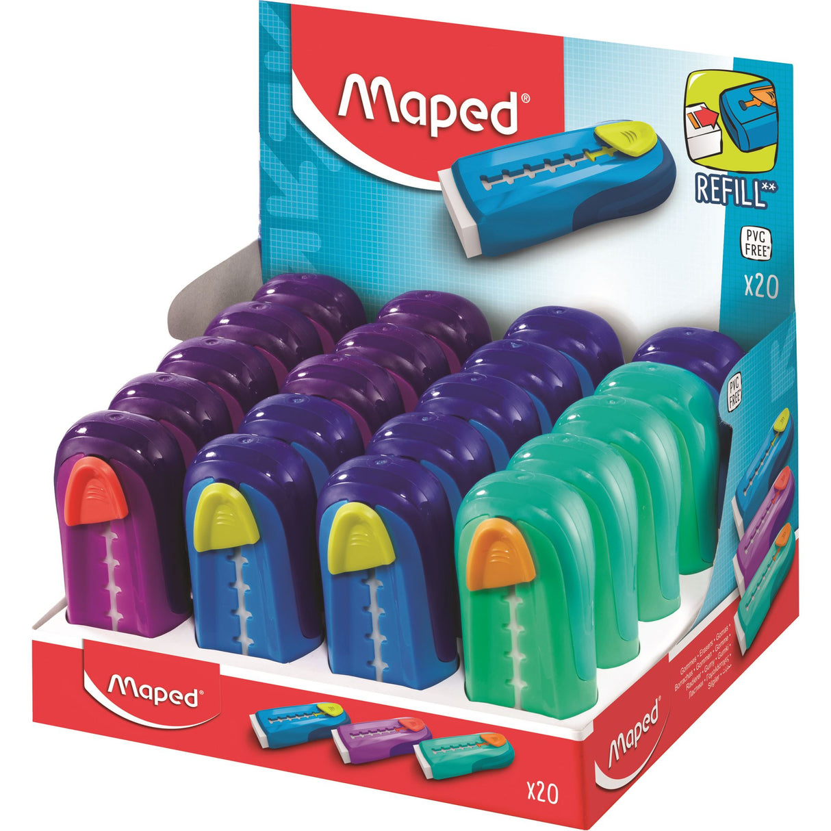 Maped Gom Eraser Display 20 includes 20 ergonomic, PVC-free erasers in vibrant colors for effortless pencil mark removal.