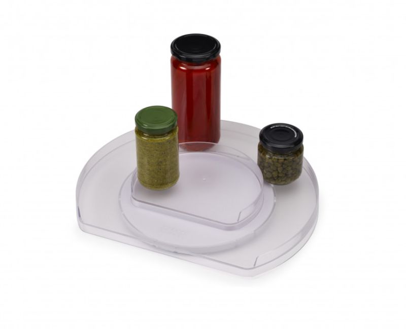 Joseph Joseph FridgeStore Rotating Organiser features a 360° rotating base and tiered layers for easy fridge organization.