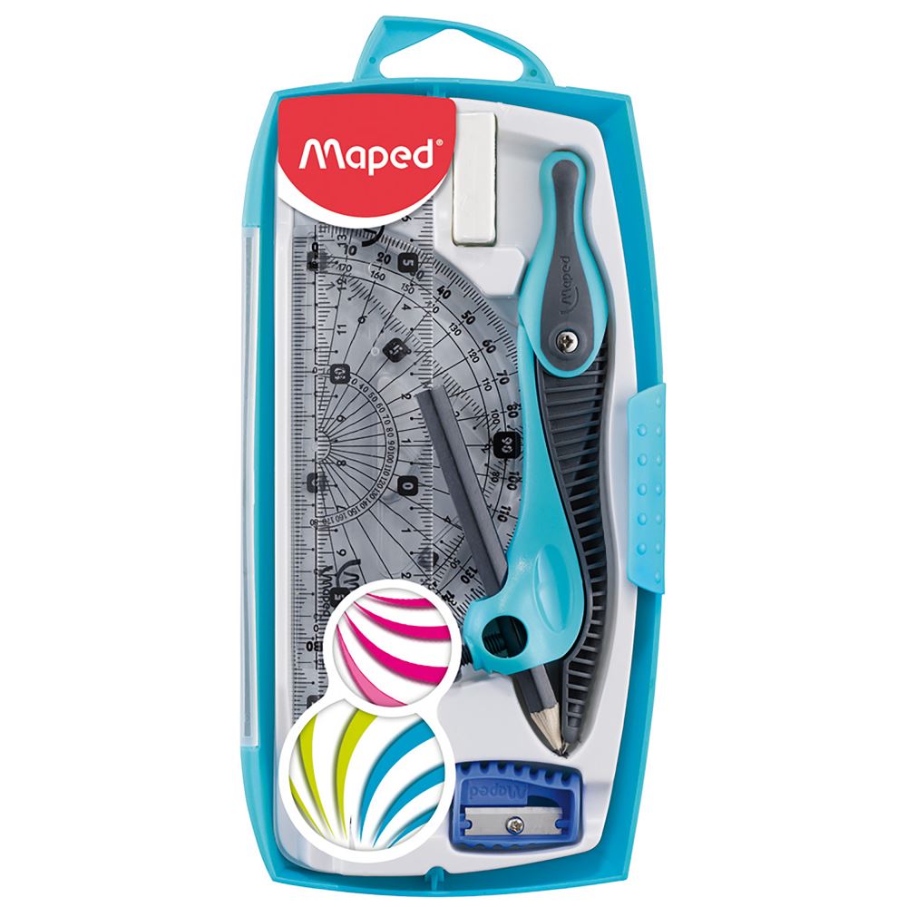 Colorful Maped Kidz Maths Set 8 Piece for kids, includes compass, ruler, and protractor in a protective storage tin.