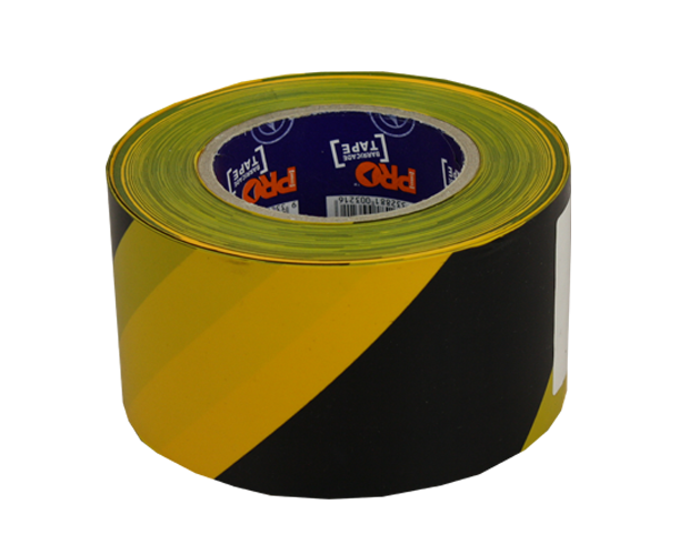 High visibility yellow and black barrier tape, 100m long, non-adhesive for marking hazardous work areas.