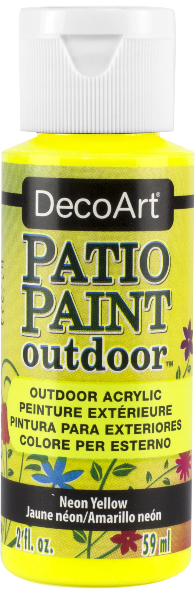 Vibrant neon yellow patio paint in 2oz tube, perfect for transforming outdoor furniture and decor with durable, easy application.