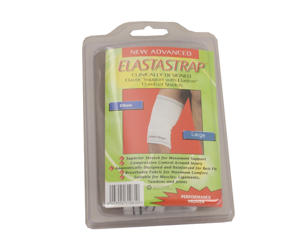 Small white elbow support providing elastic compression, reinforced design, and breathable fabric for comfort and stability.