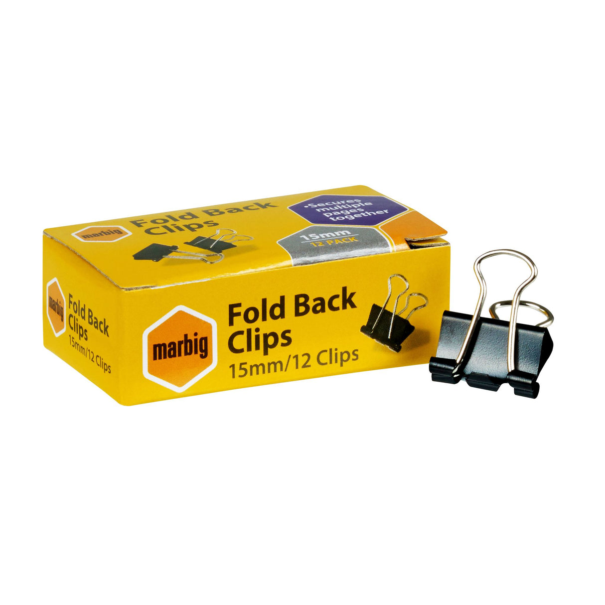 Marbig 15mm fold back clips in a box of 12, ideal for organizing papers without damage, perfect for office and home use.