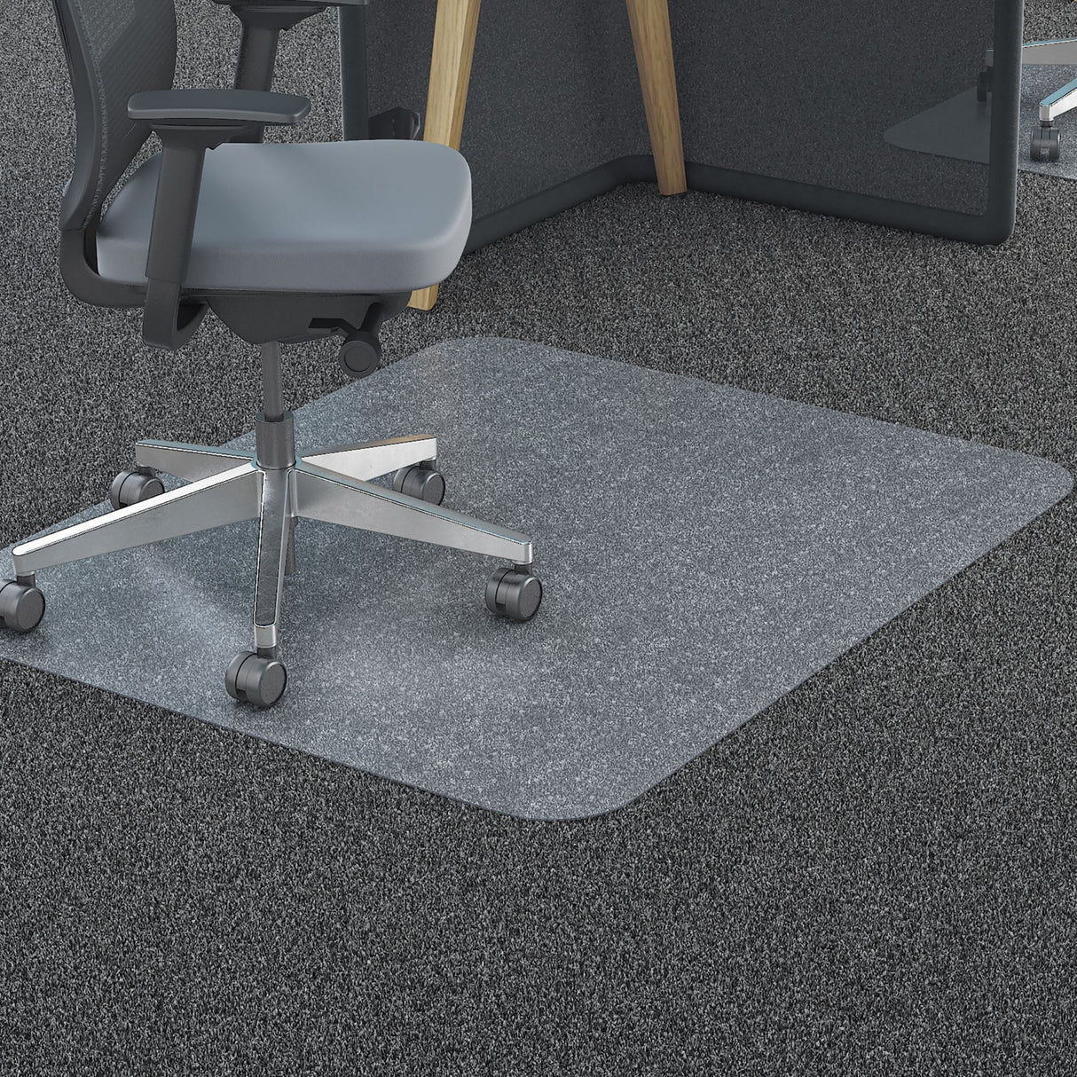 Marbig Chairmat made of durable polycarbonate, protects carpet, allows smooth chair movement, and features a secure notched design.