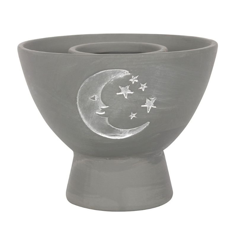 Moon Grey Terracotta Smudge Bowl with crescent moon and stars design, perfect for burning herbs and enhancing spiritual rituals.