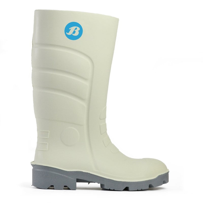 Bata Worklite Safety Toe Gumboots in white and grey, size 4, designed for comfort and protection in wet environments.