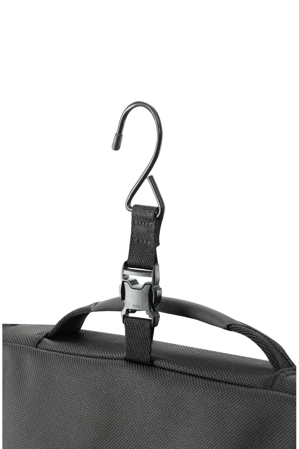 Slim black garment bag by Victorinox, featuring hanger clamp, compression strap, and multiple pockets for organized travel.